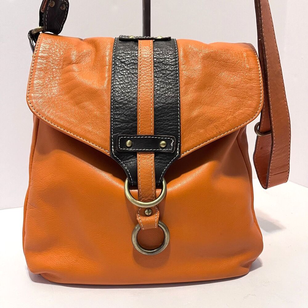 Avorio Italian Leather Crossbody Shoulder Bag Orange Black Brass Hardware